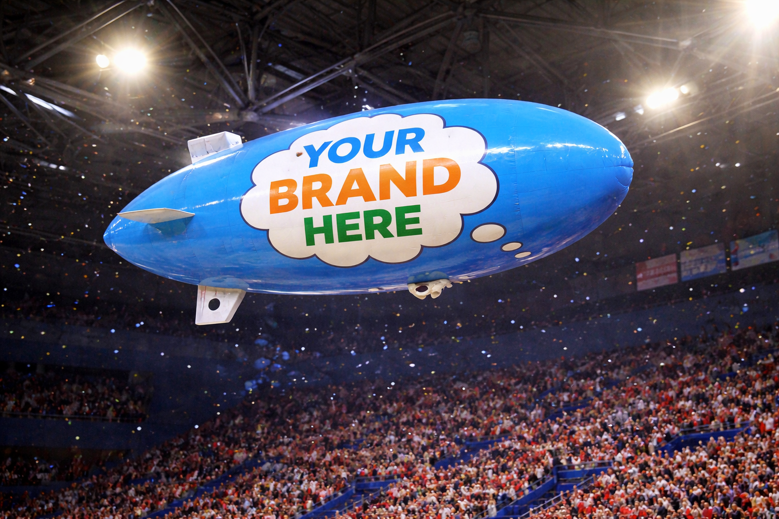 A floating indoor airship with advertising. Also known as a 'Blimp'