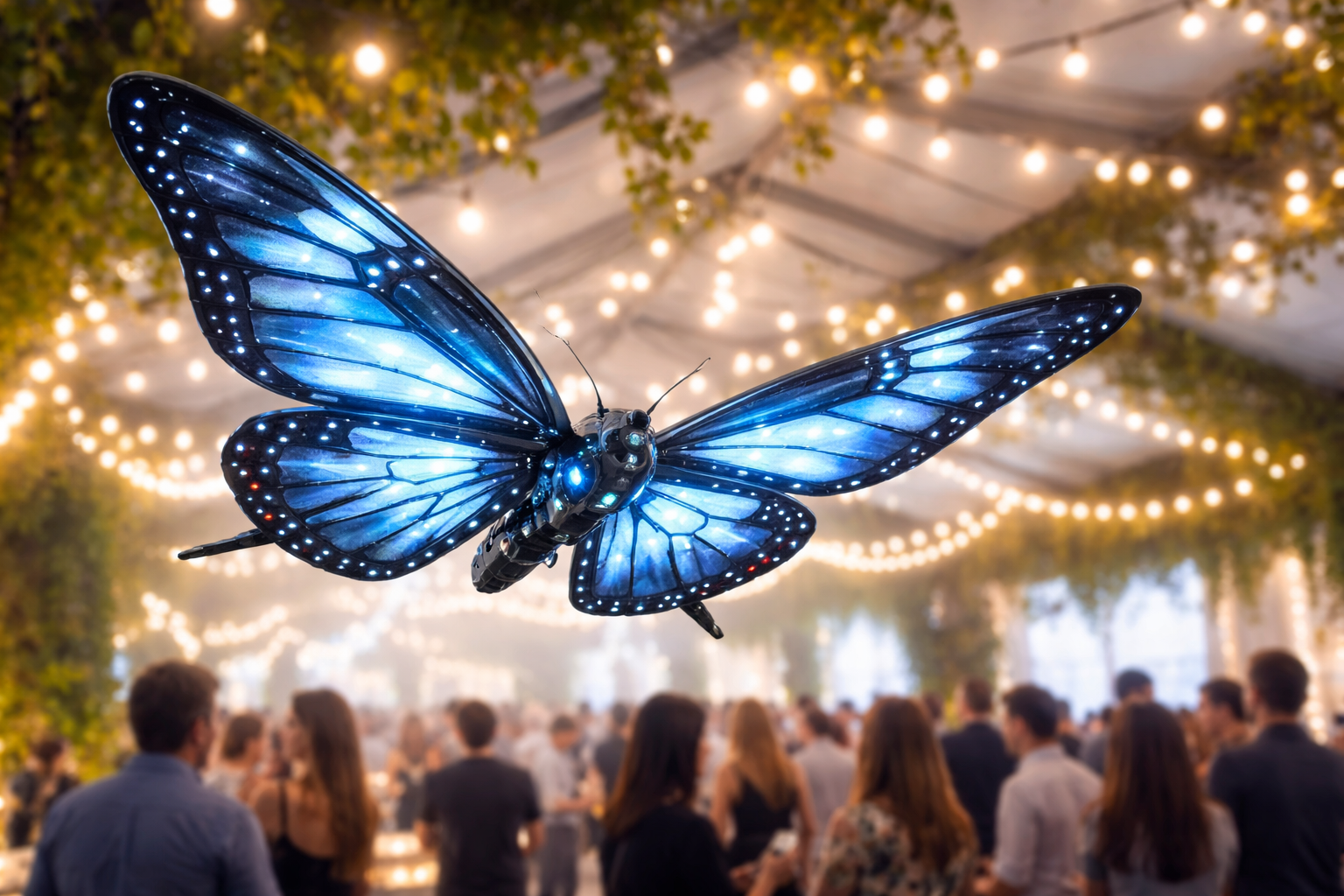 An indoor mechanical flying butterfly at an event.