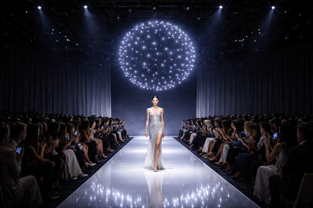 Model walking on a glamorous runway.