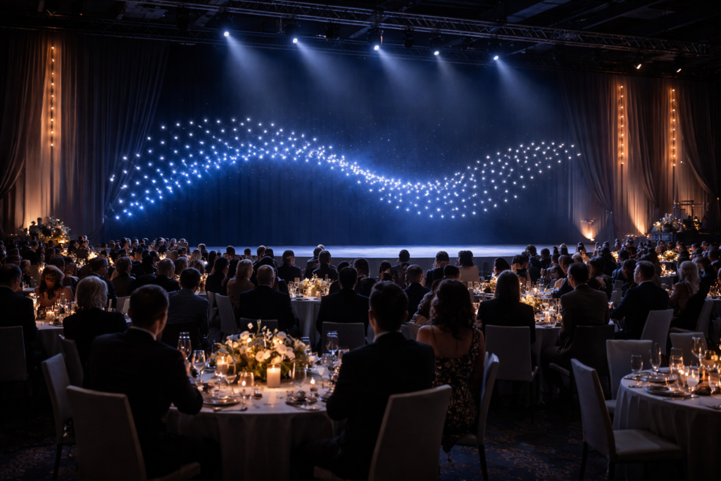 A stage with an indoor drone light show on it