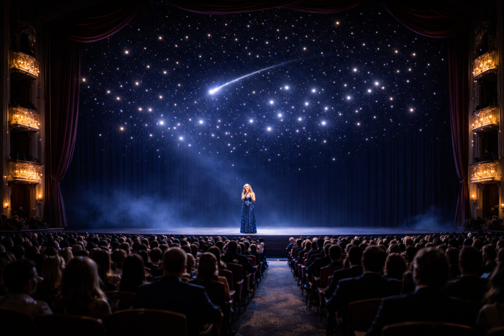A singer on stage with an indoor drone light show in the air behind her