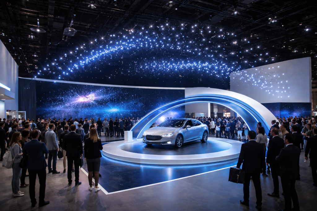 A car on a platform with an indoor drone light show above it