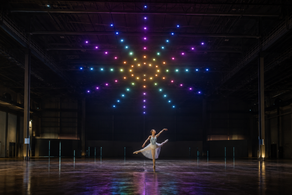Ballet dancer performing beneath a starburst formation of light-painting drones indoors